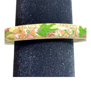 Vintage Wide Cloisonné Floral Bangle Bracelet Yellow Pink Enamel Flowers Pastel